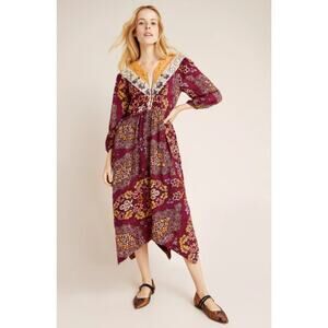 Anthropologie Maeve Boho Meredith Embroidered Midi Dress Maroon Size Small